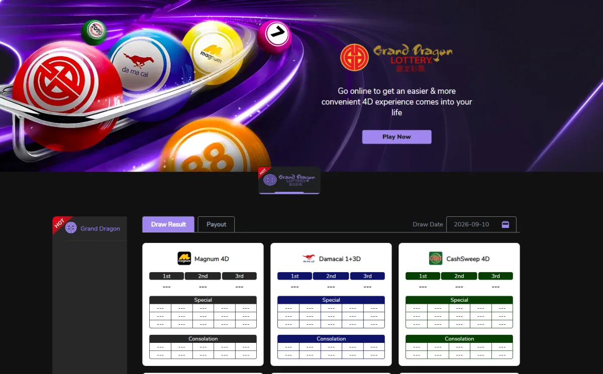 4D section with Grand Dragon Lottery results for Magnum 4D, Damacai and CashSweep