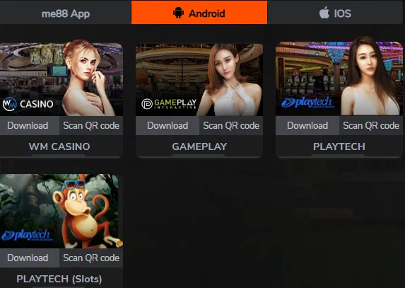Android tab listing the WM Casino, GamePlay and Playtech provider apps