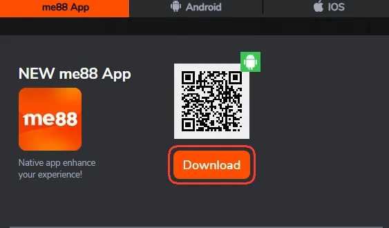 Download button and QR code on the me88 app tab of the download section