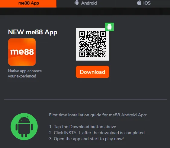 me88 App tab of the download section with the Android installation guide
