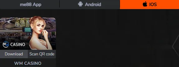 iOS tab of the me88 download section showing the WM Casino app