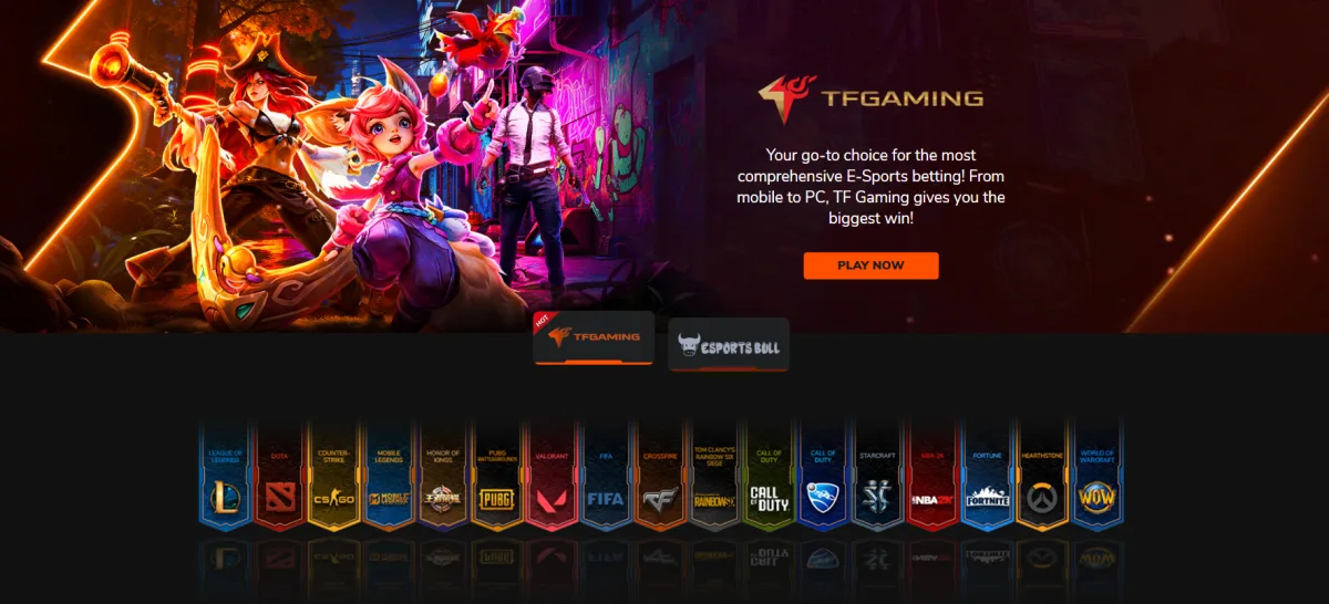 TF Gaming esports board with League of Legends, Dota 2 and CS:GO titles