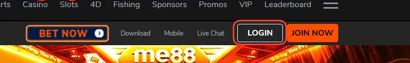LOGIN button in the me88 site header next to JOIN NOW