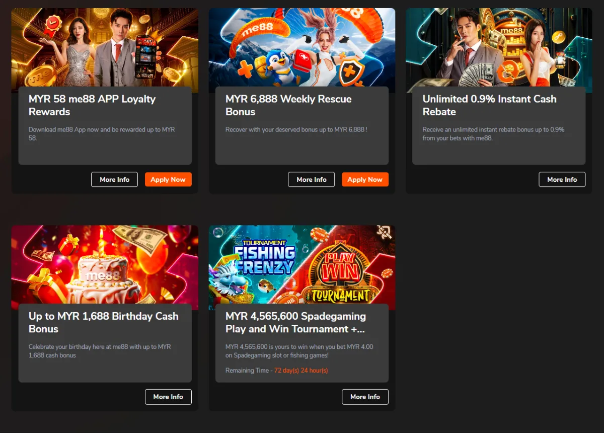 App loyalty reward, weekly rescue bonus and the Spadegaming tournament at me88