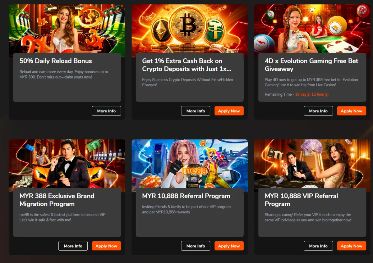 Daily reload bonus, crypto cashback and referral promotions at me88