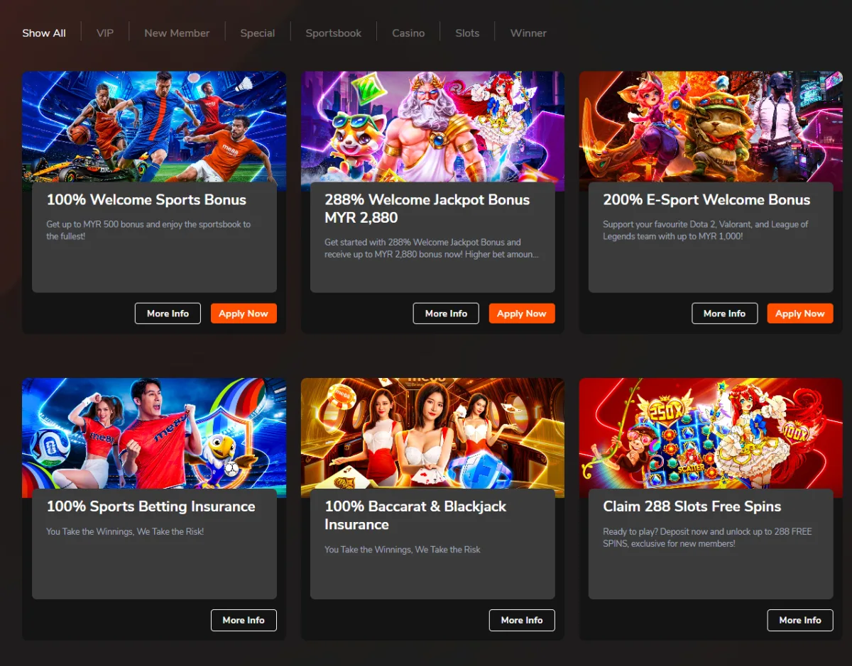 me88 promotions page with the 288% welcome jackpot bonus and sports welcome offers