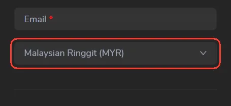 Currency selector set to Malaysian Ringgit MYR during me88 registration