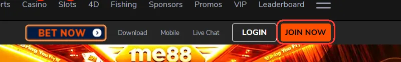 JOIN NOW button in the me88 header that opens the registration form