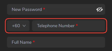 Telephone number field with the +60 Malaysia country code selected