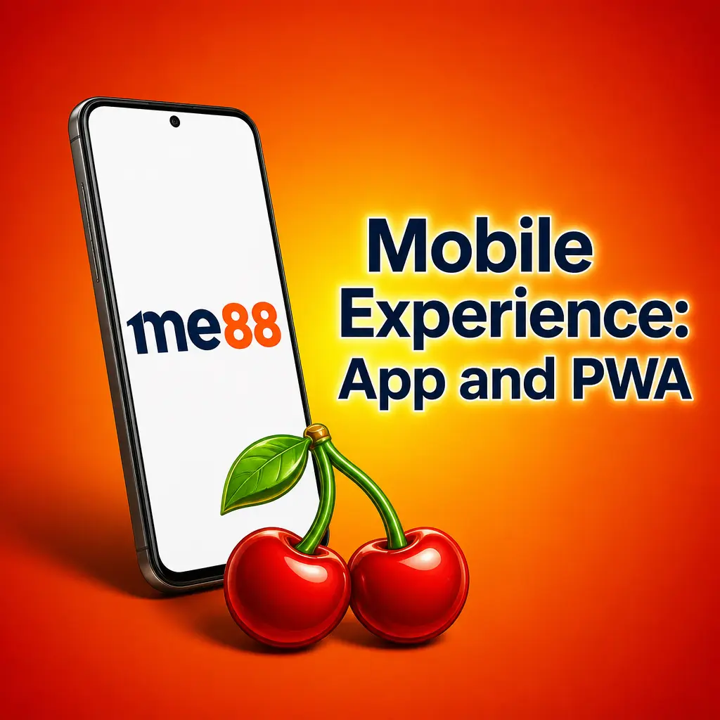 ME88 casino mobile experience showing PWA install option and browser version for Android and iOS devices