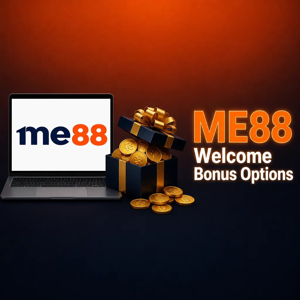 ME88 welcome bonus options table showing Sports, Jackpot, and E-Sports offers with rates, min deposit, and wagering terms