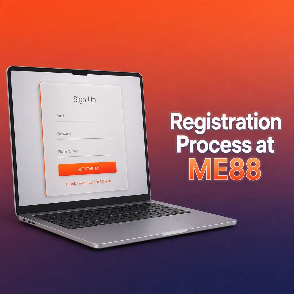 ME88 registration steps showing sign up form fields for phone, email, currency, and password setup for new users.