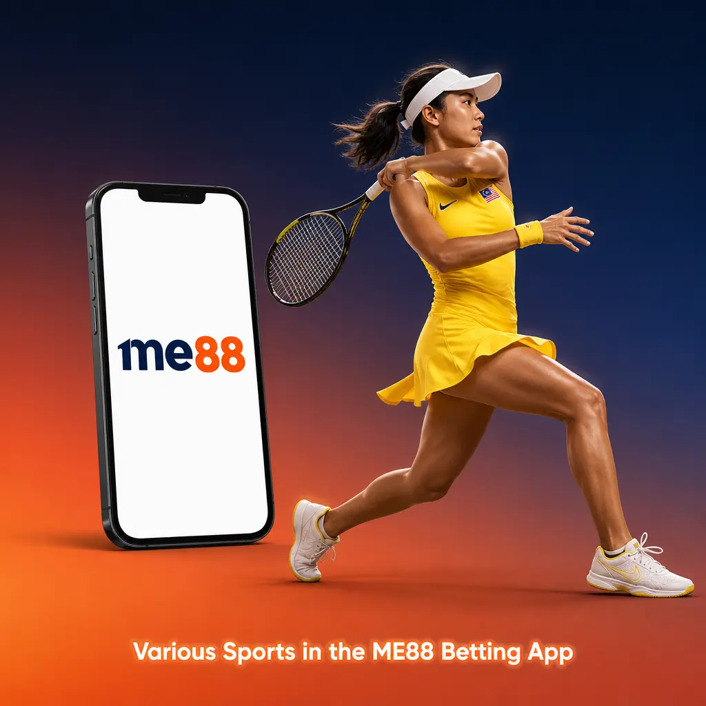 ME88 betting app sports selection screen showing football, basketball, tennis, badminton, esports, and other betting markets